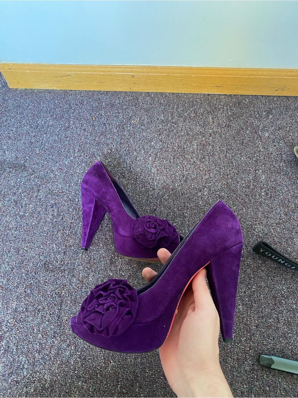 Betsey Johnson Purple Suede Peep-Toe Platform Heels with Rosette Detail